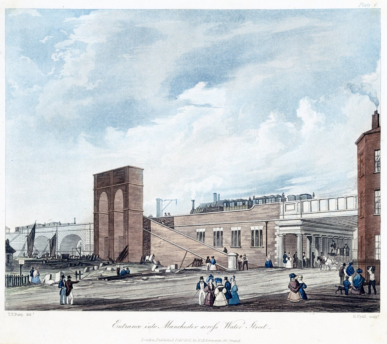 Ingång till Manchester Across Water Street, graverad av Henry Pyall (1795-1833) publicerad av Ackermann & Co., 1831 (färgad akvatint) av Thomas Talbot after Bury
