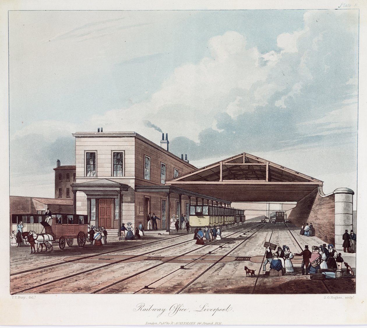 Järnvägskontoret, Liverpool, graverad av S.G. Hughes, 1831 (färgad akvatint) av Thomas Talbot after Bury