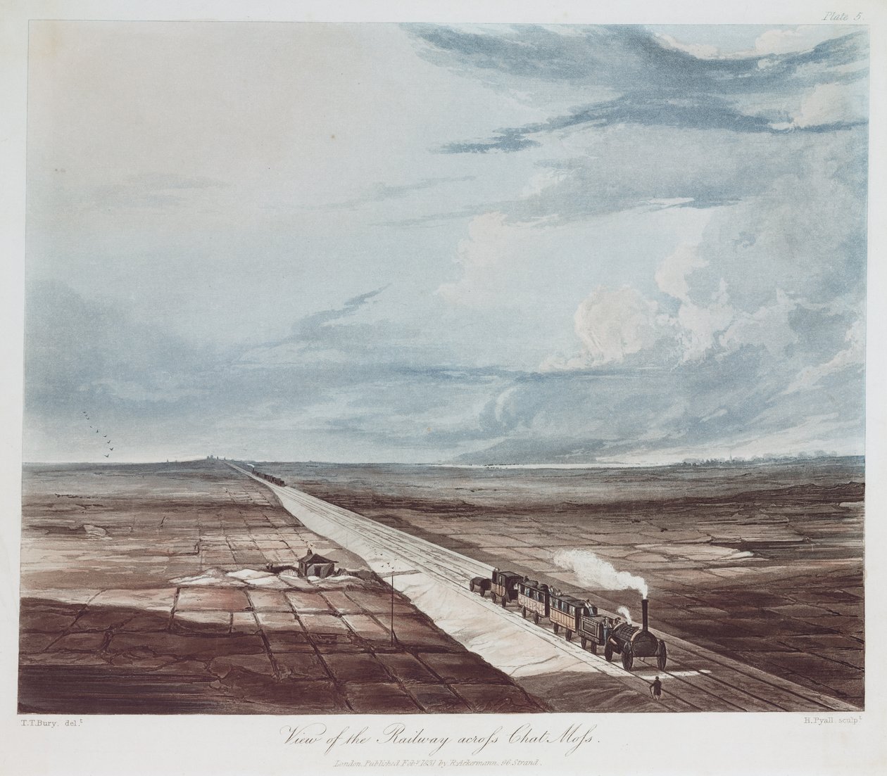 Utsikt över järnvägen över Chat Moss, graverad av Henry Pyall (1795-1833) 1831 (färgad aqautint) av Thomas Talbot after Bury