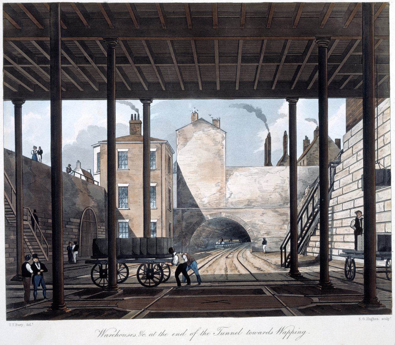 Lager och verk vid slutet av tunneln mot Wapping, graverad av S.G. Hughes, 1831 (handfärgad akvatint) av Thomas Talbot after Bury