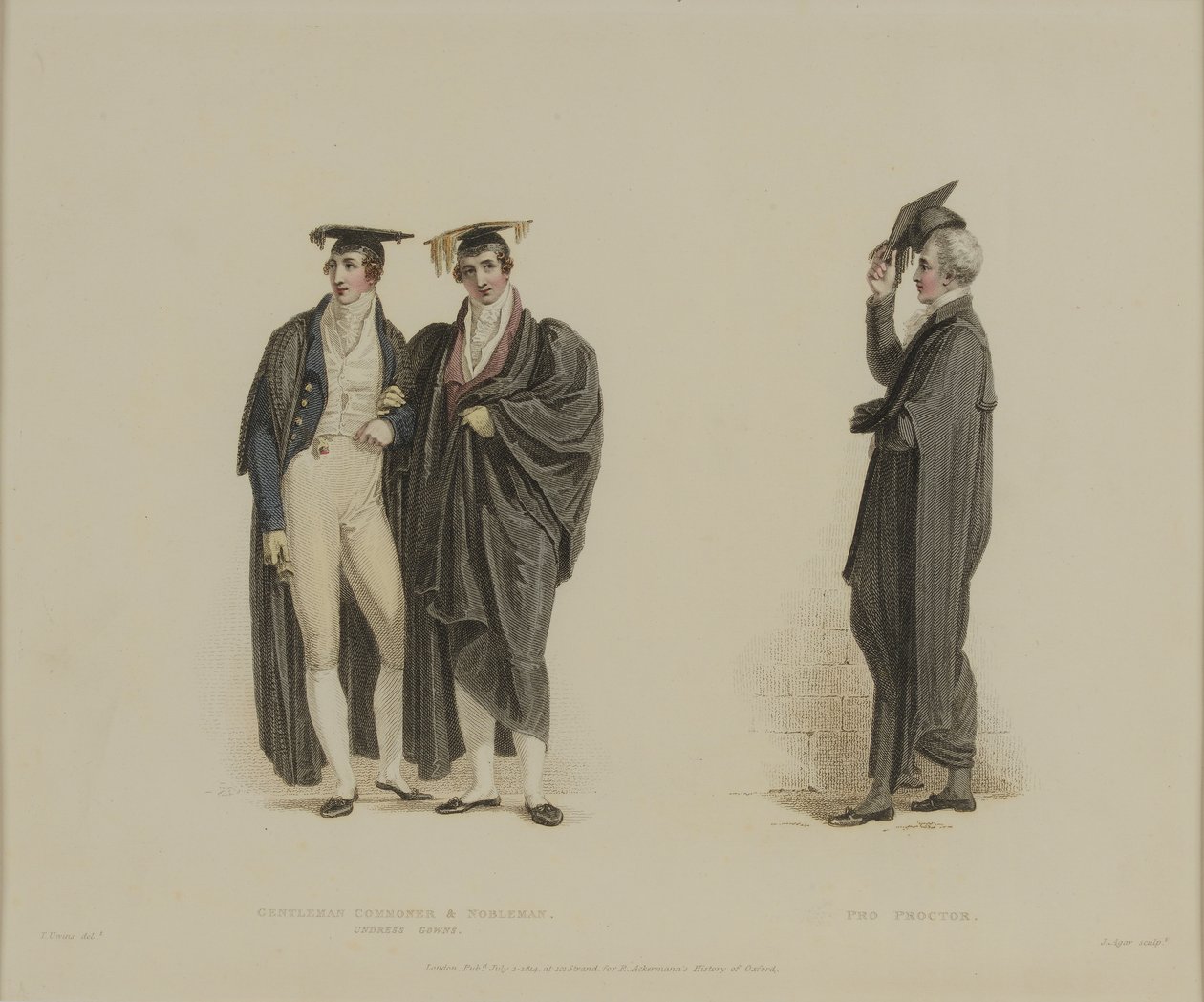 Gentleman Commoner und Nobleman with Pro Proctor, graverad av J. Agar, publicerad i R. Ackermanns 