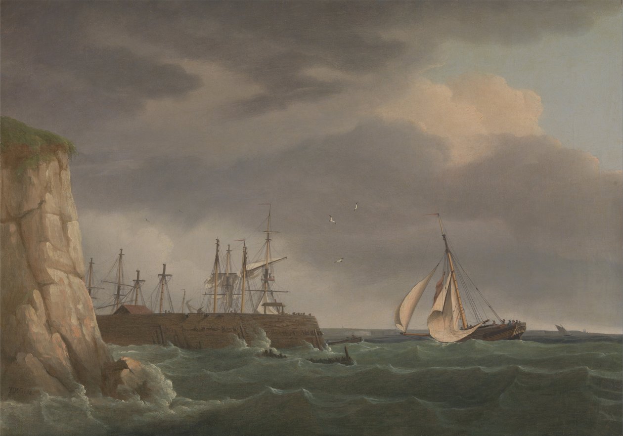 A Ship Running into Harbour with Other Craft at a Jetty av Thomas Whitcombe