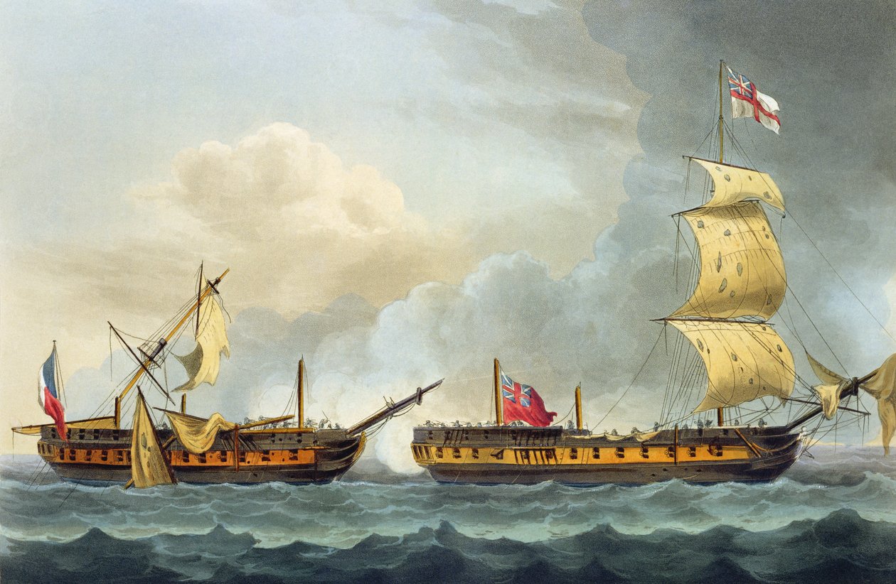 Erövring av La Fique den 5 januari 1795, ur "The Naval Achievements of Great Britain" av James Jenkins, graverad av Thomas Sutherland (f.c.1785), publicerad 1816 (handkolorerad akvatint). av Thomas Whitcombe