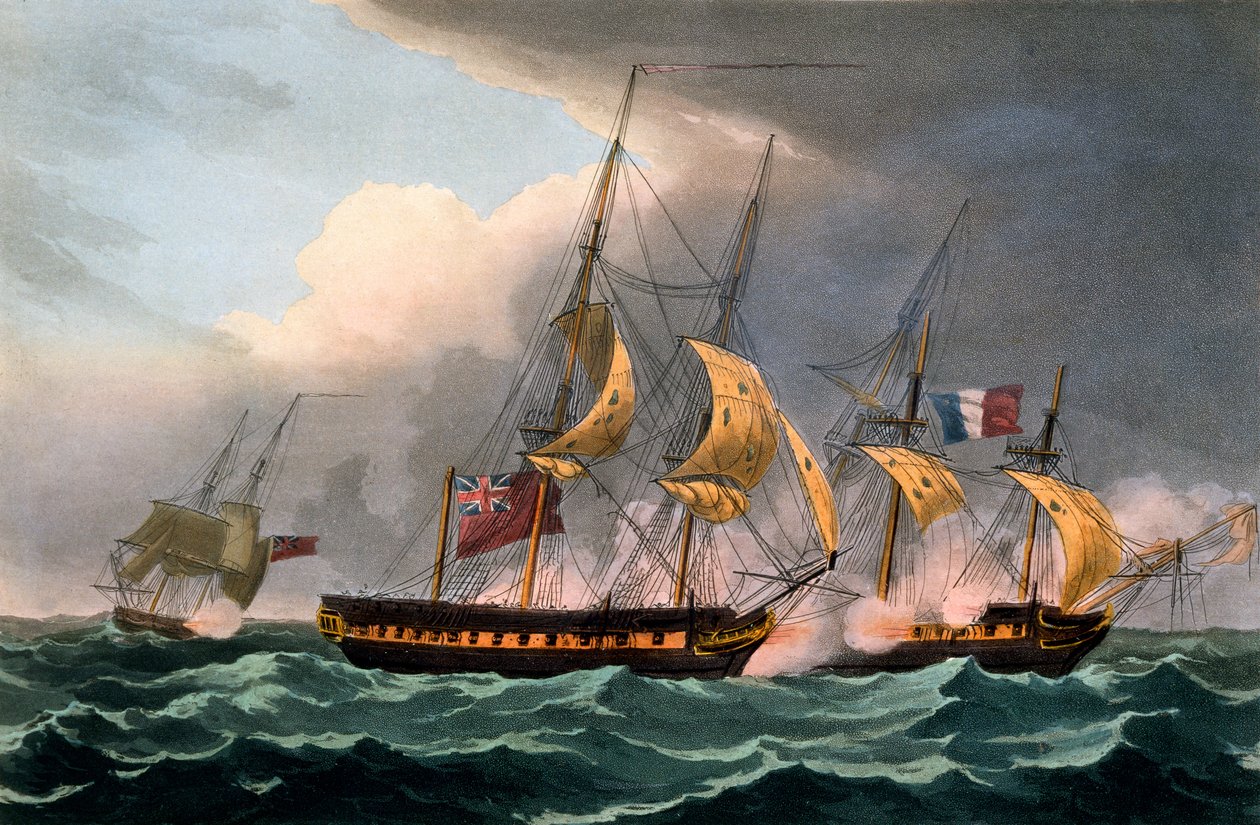 Erövring av La Loire den 18 oktober 1798, ur "The Naval Achievements of Great Britain" av James Jenkins, graverad av Thomas Sutherland, publicerad 1817 (handkolorerad akvatint). av Thomas Whitcombe
