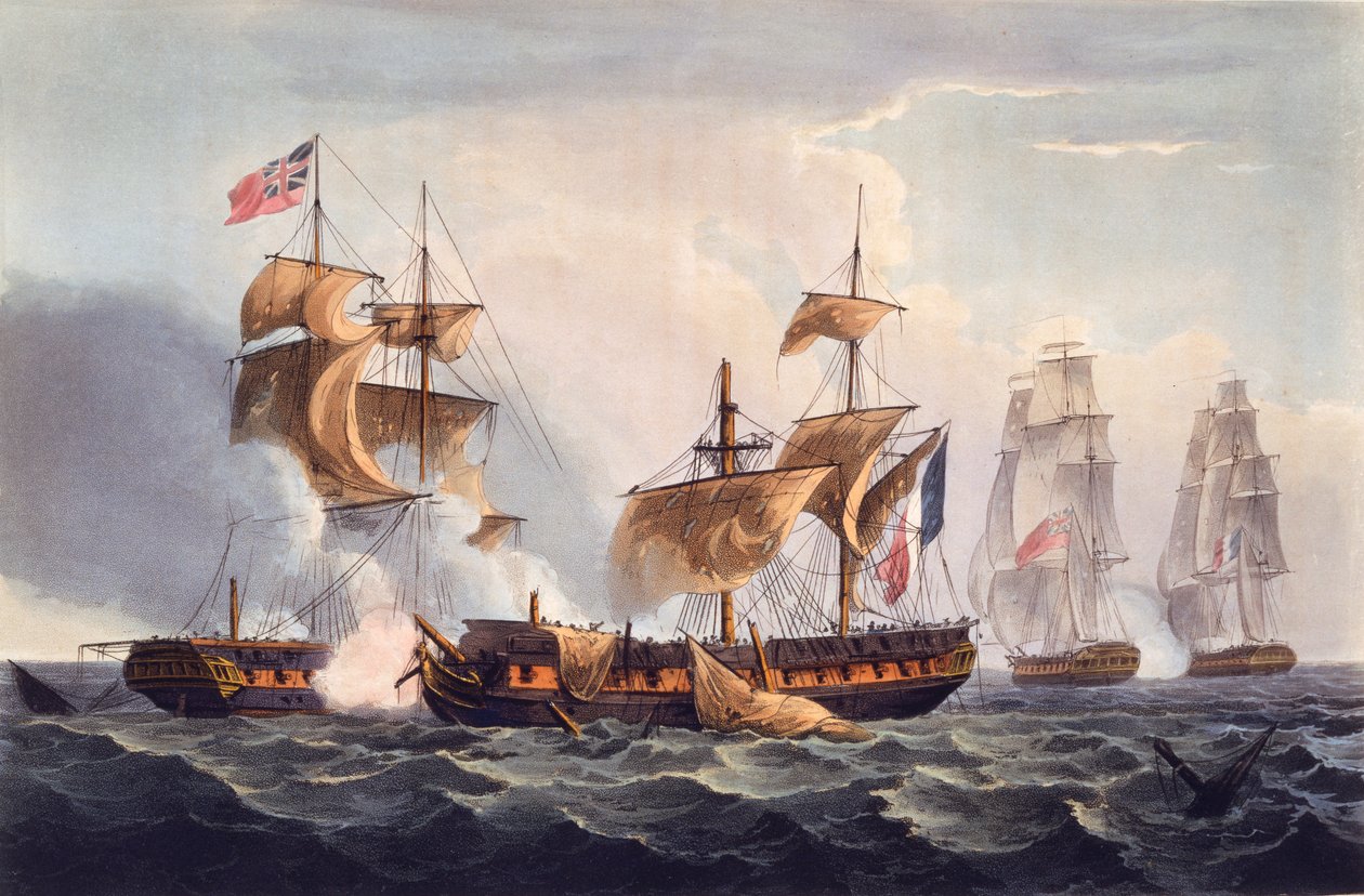 Kapning av La Minerve, tryck av Thomas Sutherland, från "The Naval Achievements of Great Britain, From the Year 1793 to 1817", av James Jenkins, första gången publicerad 1817 (handkolorerad akvatint). av Thomas Whitcombe