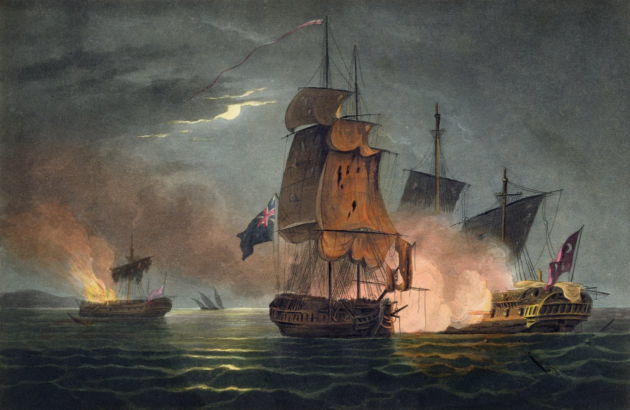 Kapning av Badere Zaffer den 6 juli 1808, ur "The Naval Achievements of Great Britain" av James Jenkins, graverad av Thomas Sutherland (f.c.1785), publicerad 1816 (handkolorerad akvatint). av Thomas Whitcombe