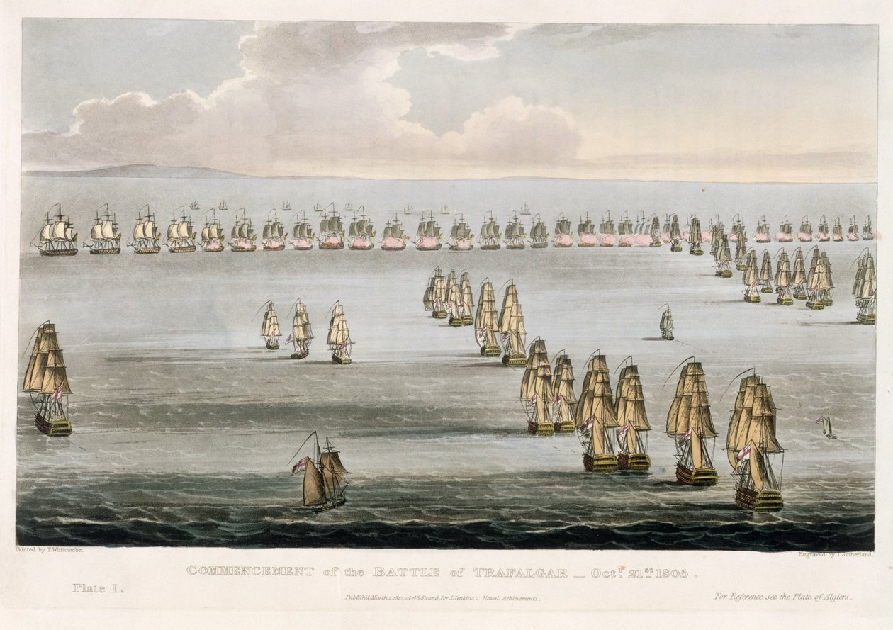 Början av slaget vid Trafalgar, 21 oktober 1805, graverad av Thomas Sutherland för J. Jenkins 