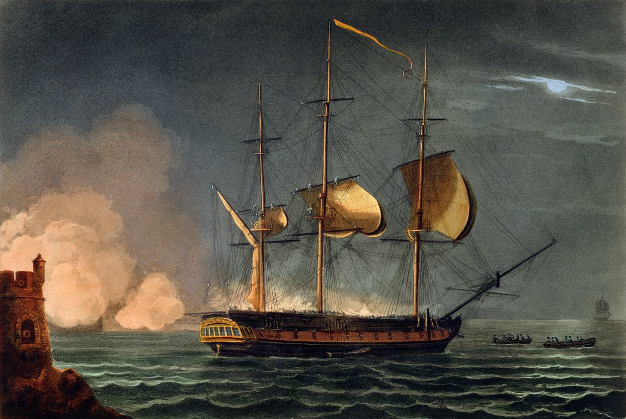Utklipp av Hermione i Porto Cavallos hamn den 25 oktober 1799, från "The Naval Achievements of Great Britain" av James Jenkins, graverad av Thomas Sutherland (f.c.1785) publicerad 18 av Thomas Whitcombe