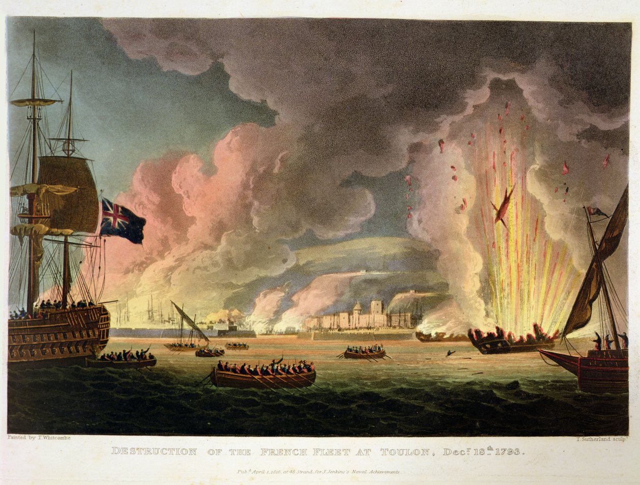 Förstörelse av den franska flottan i Toulon, 18 december 1793, graverad av Thomas Sutherland för J. Jenkins 