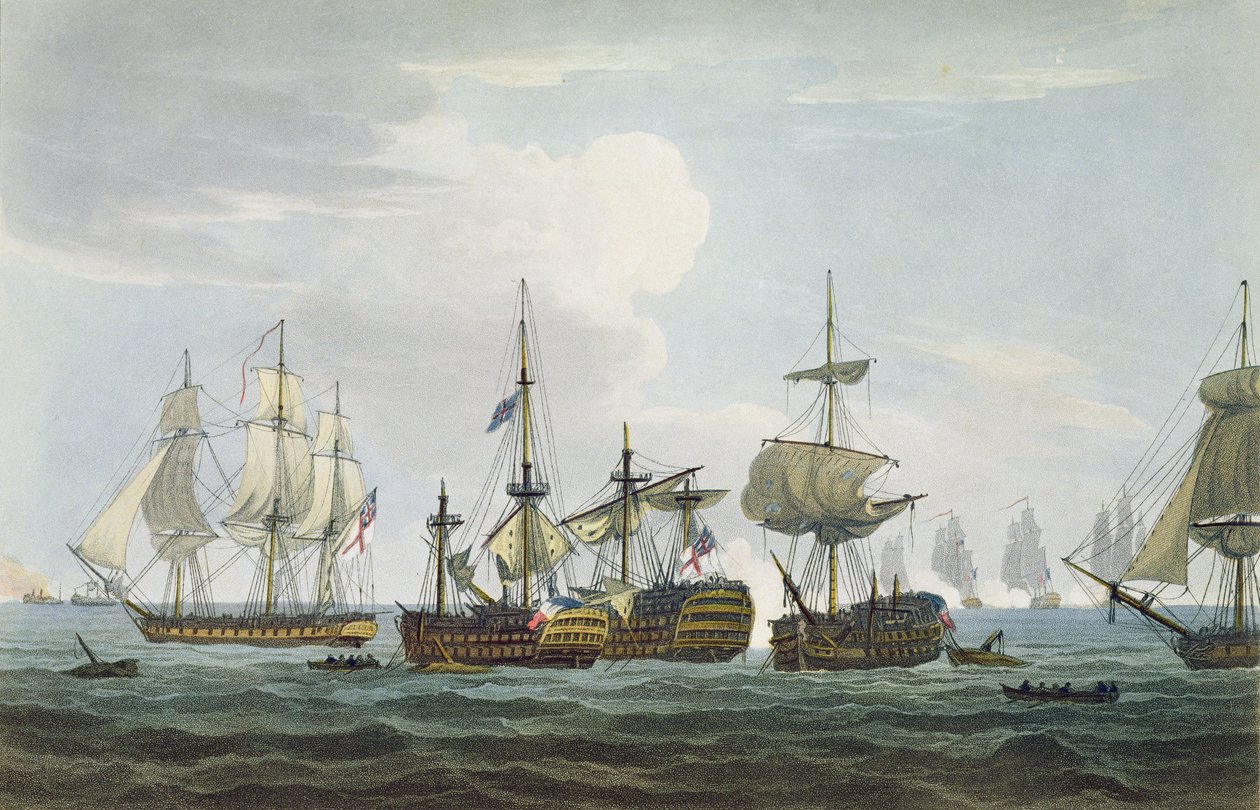 Situationen för HMS Temeraire vid slaget vid Trafalgar den 21 oktober 1805, graverad av T. Sutherland för 