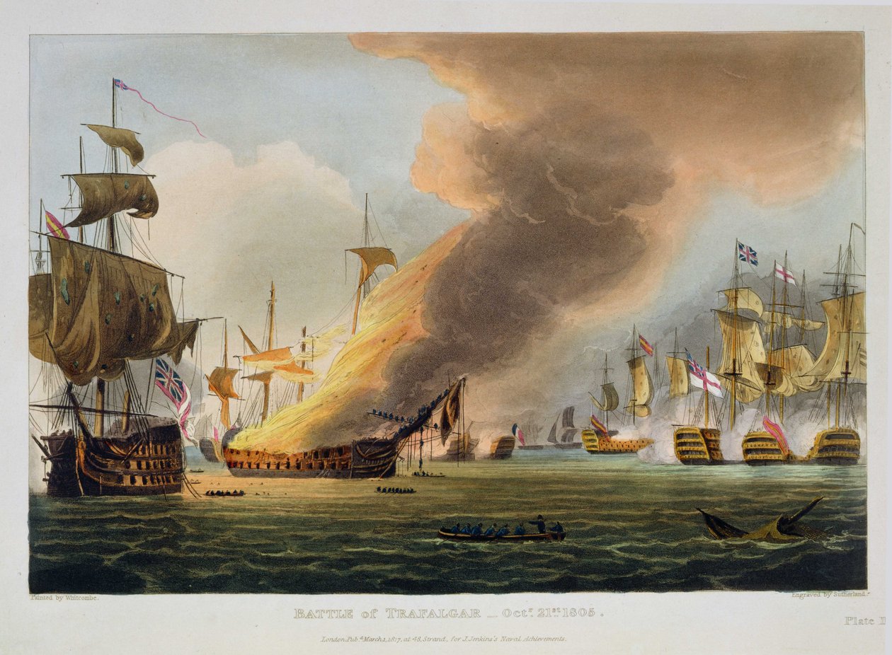 Slaget vid Trafalgar, 21 oktober 1805, graverad av Thomas Sutherland för J. Jenkins 