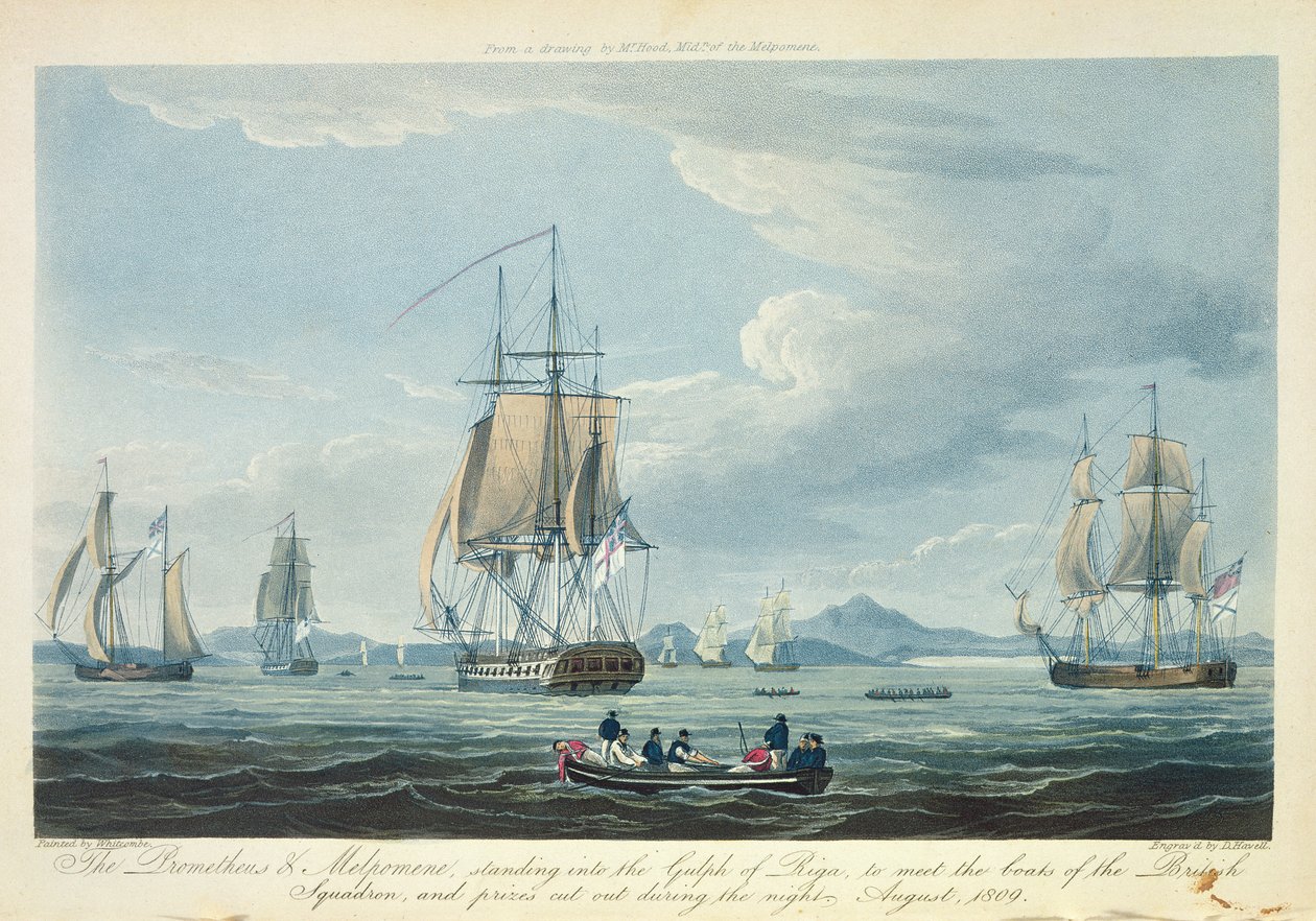 Prometheus och Melpomene i Rigabukten för att möta den brittiska skvadronen, augusti 1809, graverad av D. Havell för 