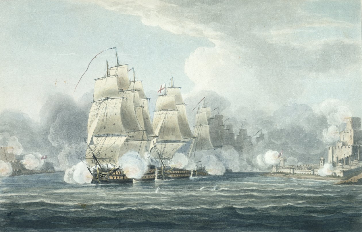 Eskadern under befäl av Sir F.T Duckworth forcerar Dardanellernas trånga kanal den 19 februari 1807, graverad av T. Sutherland för "The Naval Chronology of Great Britain" av J. Ralfe, publicerad av av Thomas Whitcombe