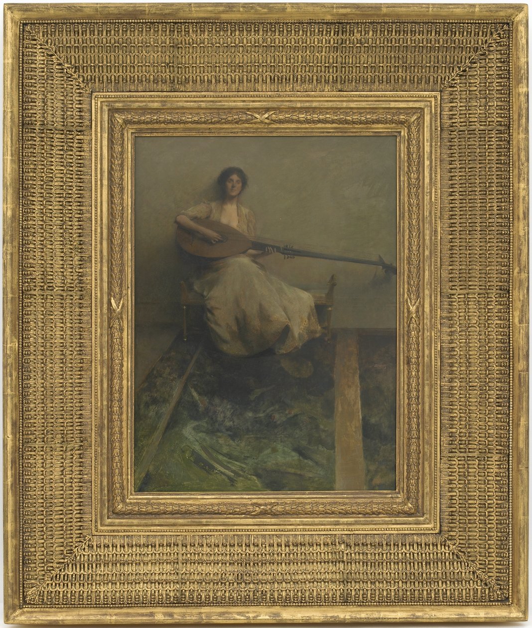 Flicka med lut, 1904-05 (olja på träpanel) av Thomas Wilmer Dewing