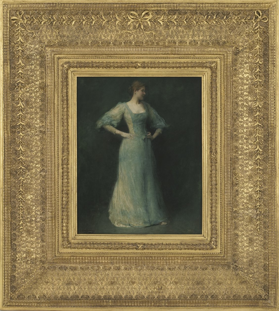 Den blå klänningen, 1892 (olja på träpanel) av Thomas Wilmer Dewing