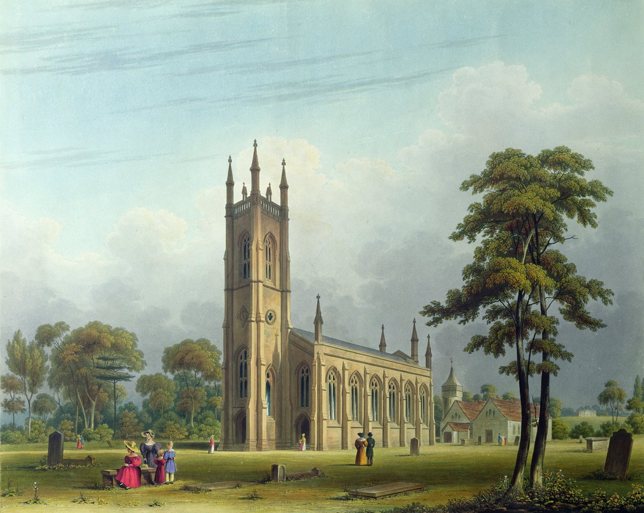 Sydvästlig vy av kyrkan St. Nicholas, Lower Tooting av Thomas Witlam Atkinson