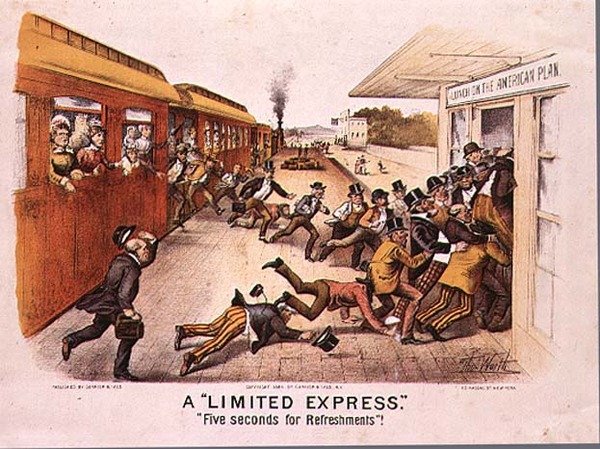 A Limited Express, Fem sekunder för förfriskningar, pub. av Currier och Ives i New York, 1884 av Thomas Worth