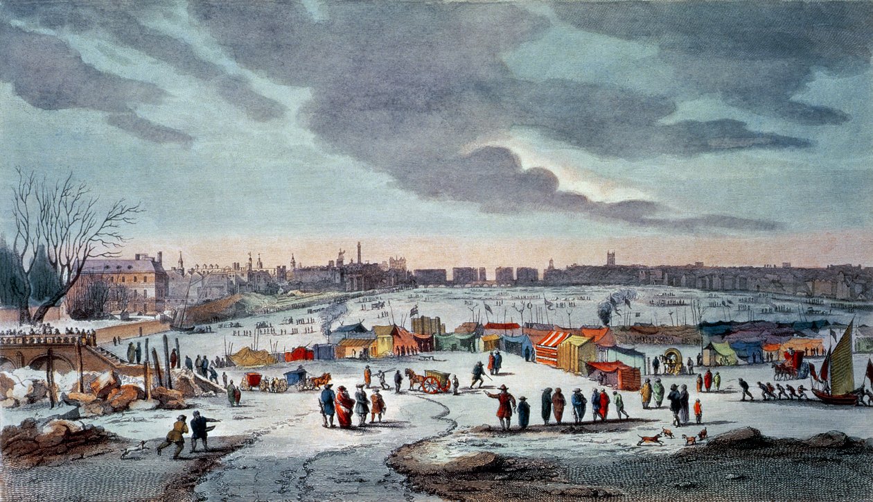 Frost Fair på Themsen nära Temple Stairs 1683-84, graverad av James Stow (1770-c.1820), pub. 1825 av Robert Wilkinson (färgtryck) av Thomas Wyke