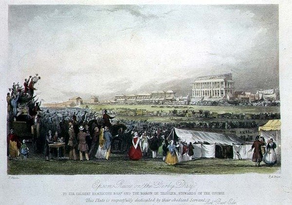 Epsom Races on Derby Day, 1841, (handfärgad gravyr) av Thomas Allom
