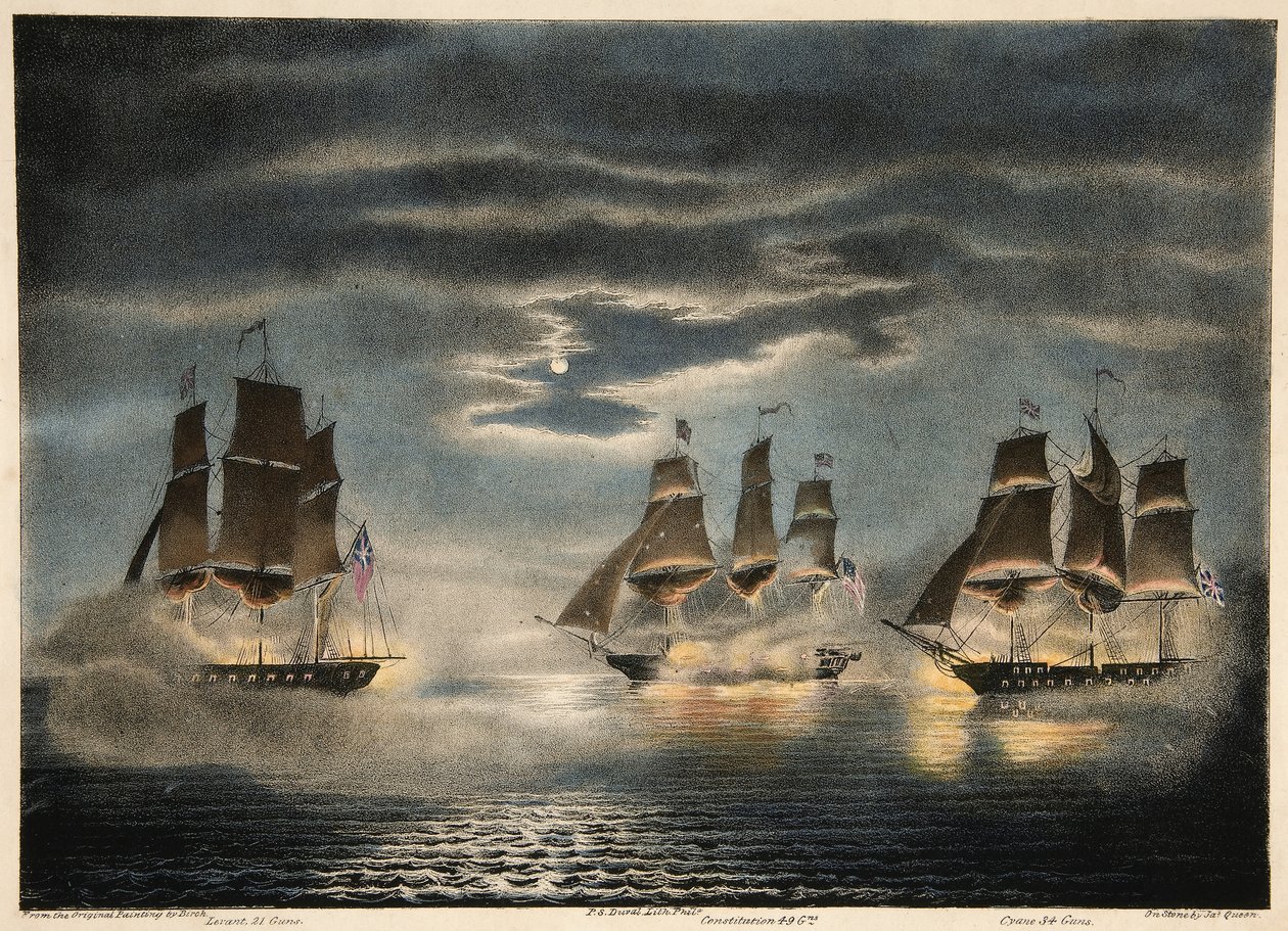 Fångst av H.M. Ships Cyane and Levant, av U.S. Fregate Constitution, från Army and Navy Magazine, pub. 1840 av Thomas after Birch