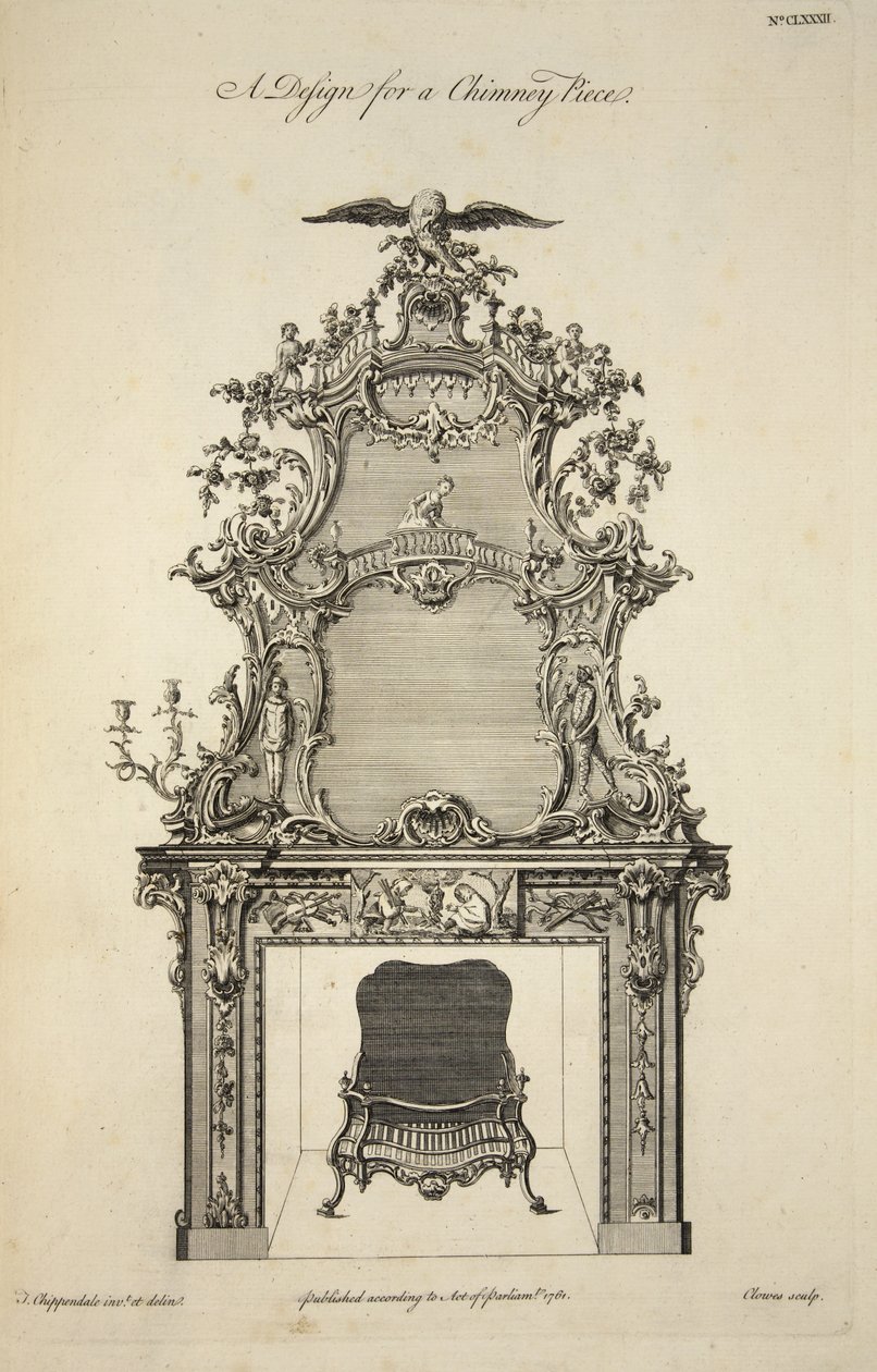 Design för en skorstensbit, pub. 1761 av Thomas after Chippendale