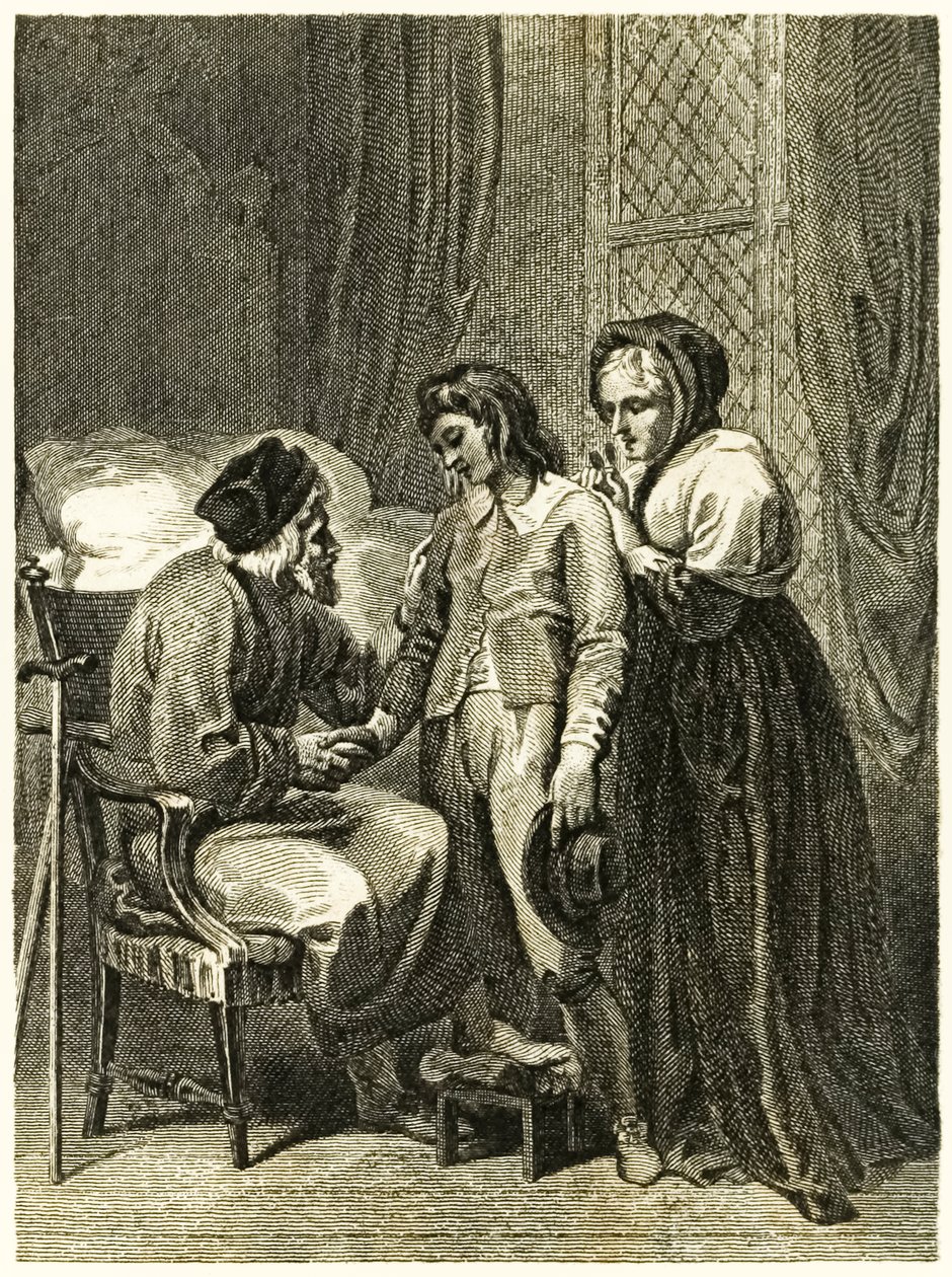 ?Robinson Crusoe? frontispice illustration som visar Crusoe ta avsked från sin far och mor. Från ?The Life and Strange Surprising Adventures of Robinson Crusoe, or York, Mariner? av Daniel Defoe av Thomas Stothard