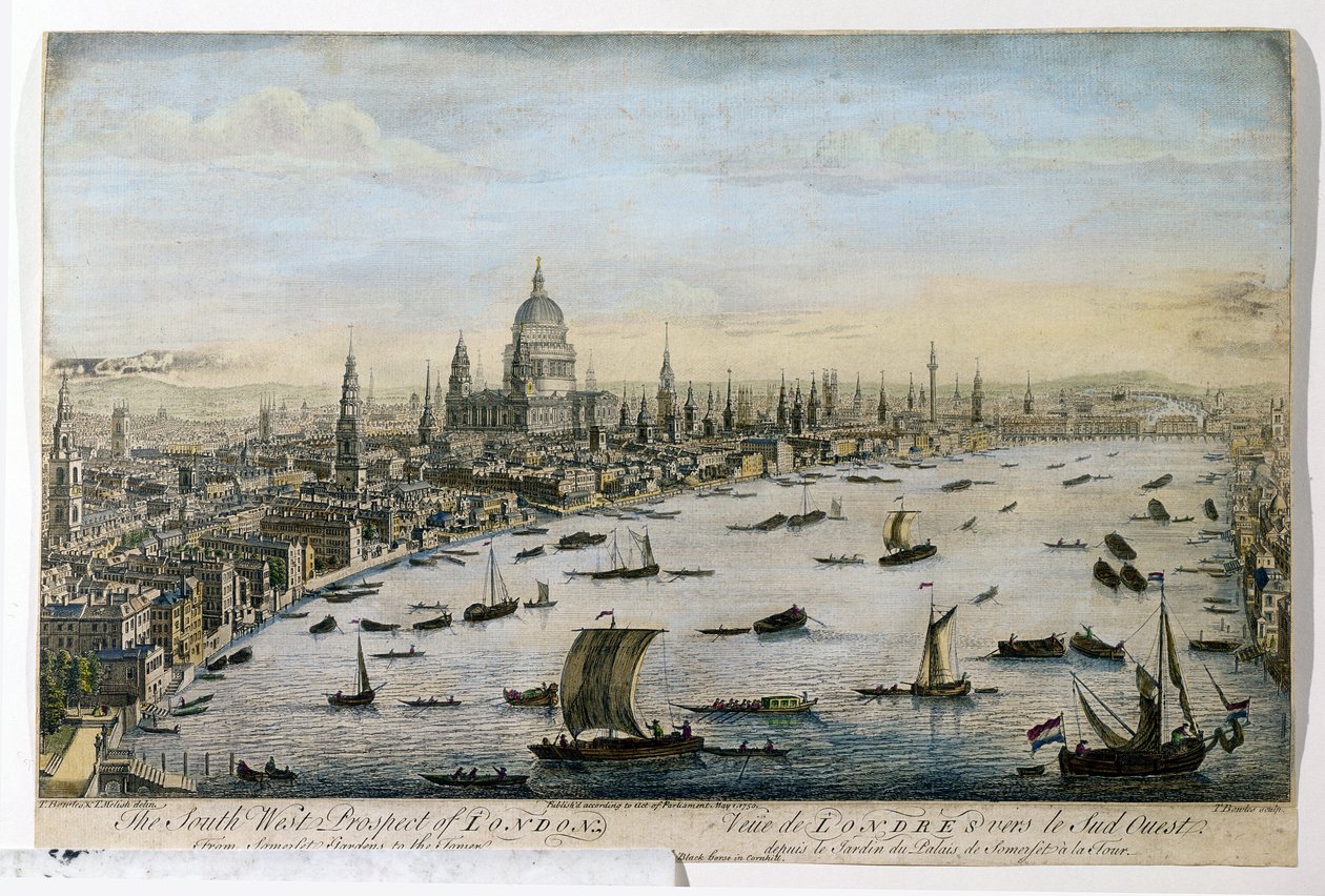 South-West Prospect of London från Somerset Gardens, graverad av Thomas Bowles, publicerad 1 maj 1750 av Thomas Bowles