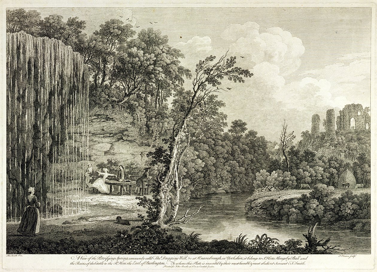 Utsikt över den förstenande våren som vanligtvis kallas droppbrunnen vid Knaresborough i Yorkshire, graverad av Francois Vivares (1709-80) av Thomas of Derby Smith