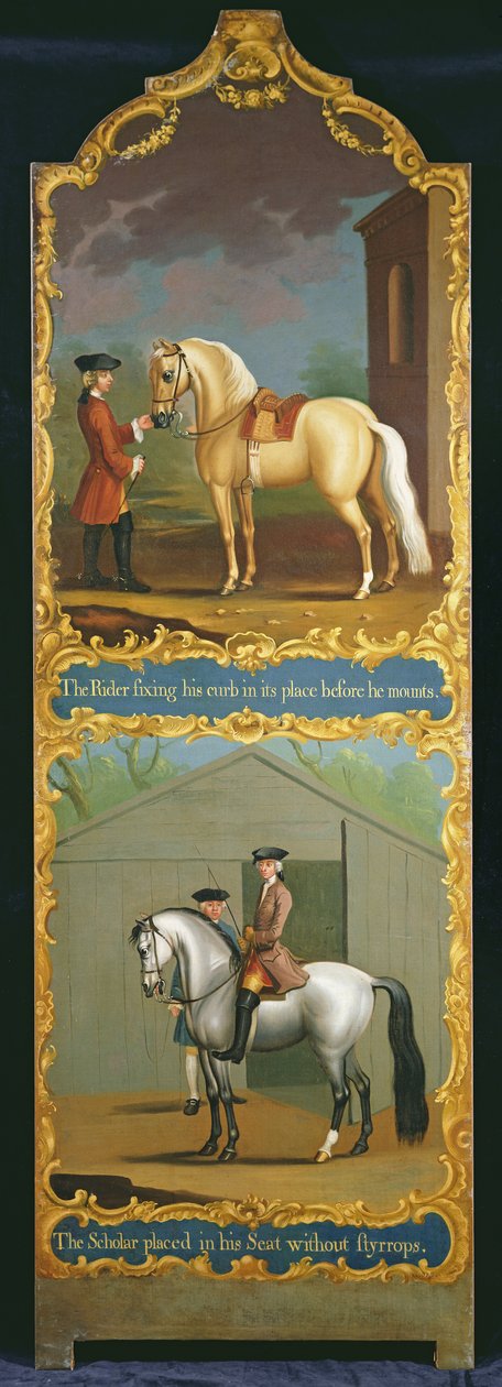 "Ryttaren som fixerar sin kantsten på sin plats innan han stiger upp" (överst) och "Den lärde på sin plats utan styrroppar" (nederst), ca 1750 av Thomas, of Pall Mall Butler
