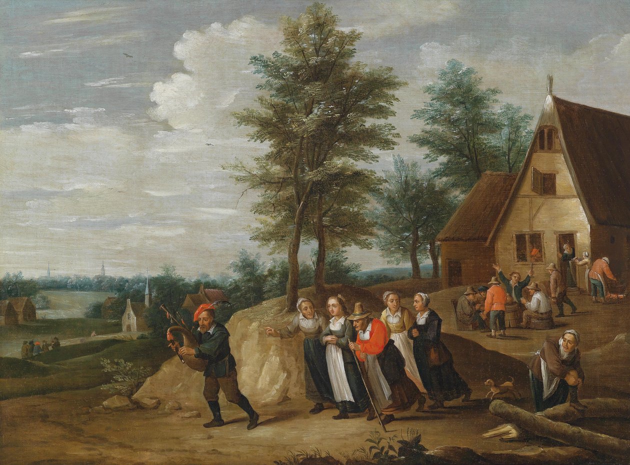 Landschaft mit einem Musikanten, dem einige Frauen folgen av Thomas van Apshoven
