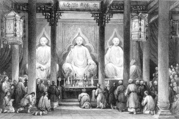 Stora templet i Hunan, Kanton, graverad av A. Willmore (gravyr) av Thomas (after) Allom