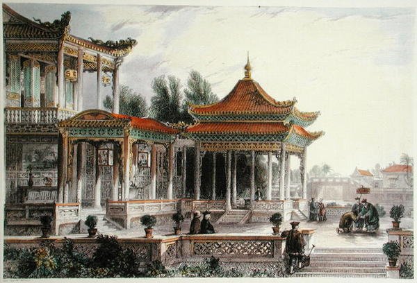Hoppets stjärnas paviljong, Tong Chow, ca 1850 (lito i färg) av Thomas (after) Allom