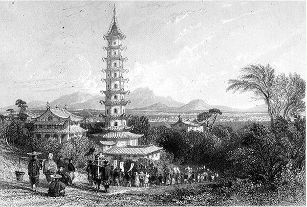 Porslinstorn, Nanking, graverad av Henry Adlard (gravyr) av Thomas (after) Allom