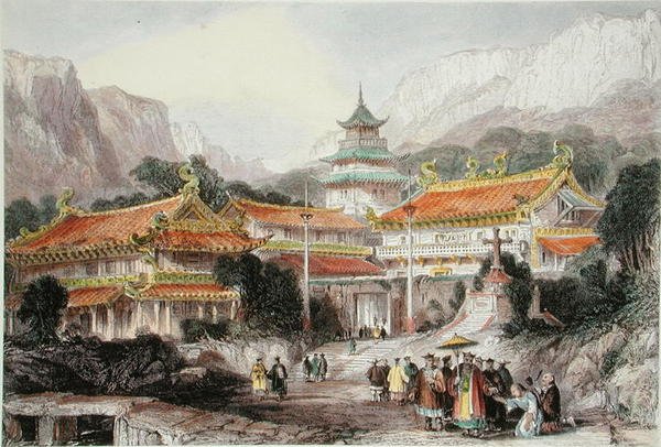 The Great Temple at Poo-Too, Chusan Islands, ca 1850 (färg litho) av Thomas (after) Allom