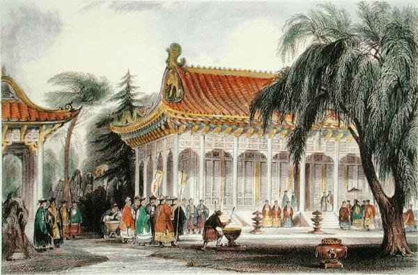 The Hall of Audience vid Palace of Yuen-ming-Yuan, Peking, ca 1850 (färg litho) av Thomas (after) Allom