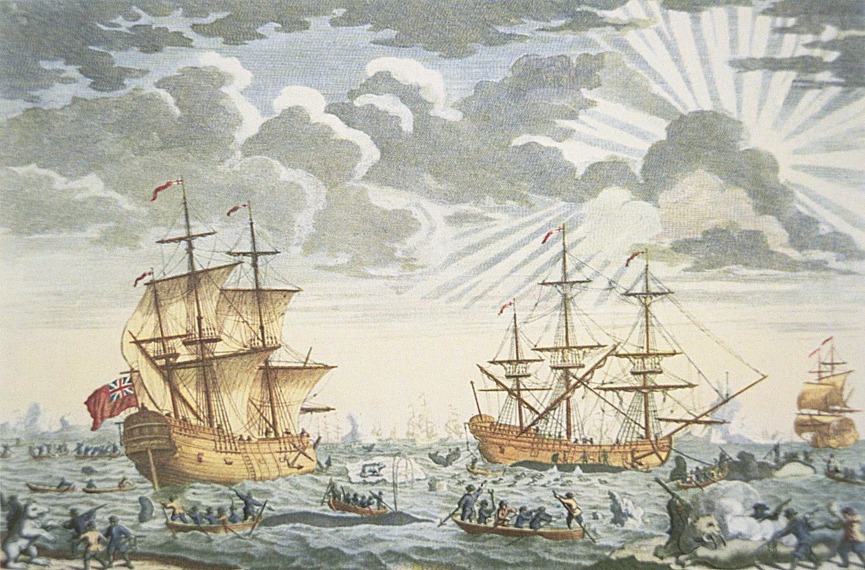 Grönlands- eller valfisket, graverat av E. Kirkall, ca 1720 (färg litho) av Thomas (after) Baston