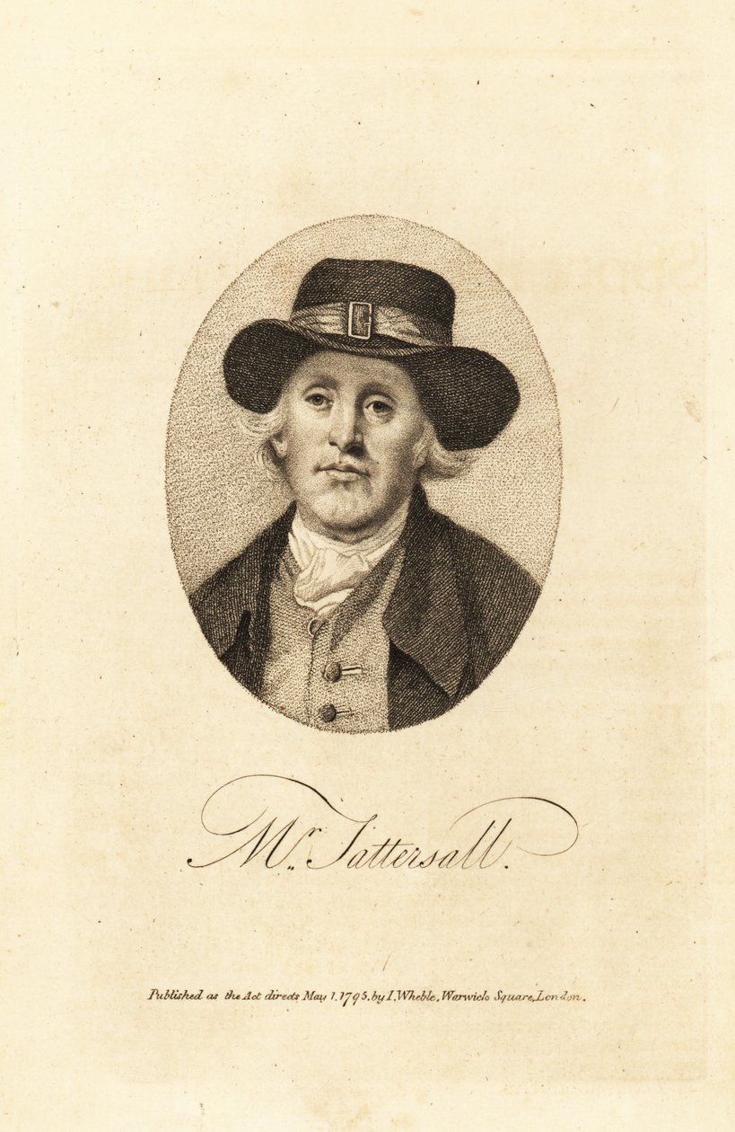 Porträtt av Richard Tattersall (1724-1795), grundare av kapplöpningshästens auktionsförrättare Tattersalls på Hyde Park Corner, London av Thomas (after) Beach