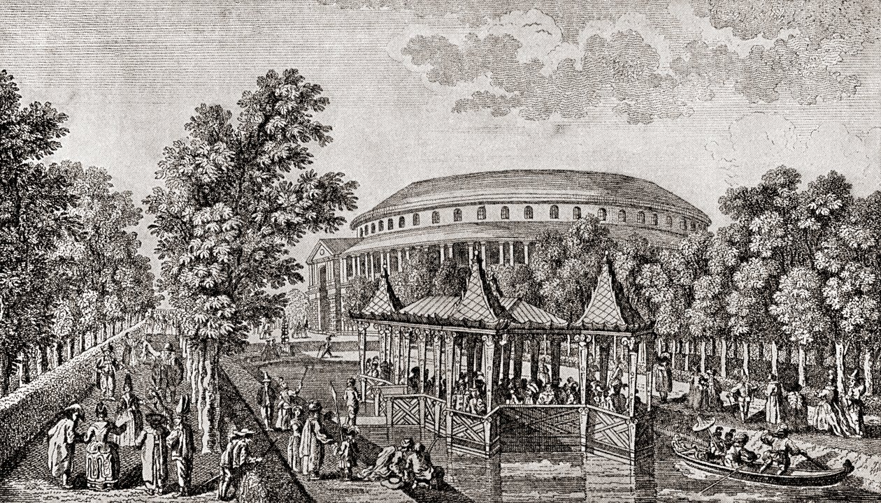 Ranelagh Gardens, Chelsea, London, England. Utsidan av Rotundan vid Ranelagh Gardens, det "kinesiska huset" och en del av tomten, efter gravyren av Thomas Bowles av Thomas (after) Bowles