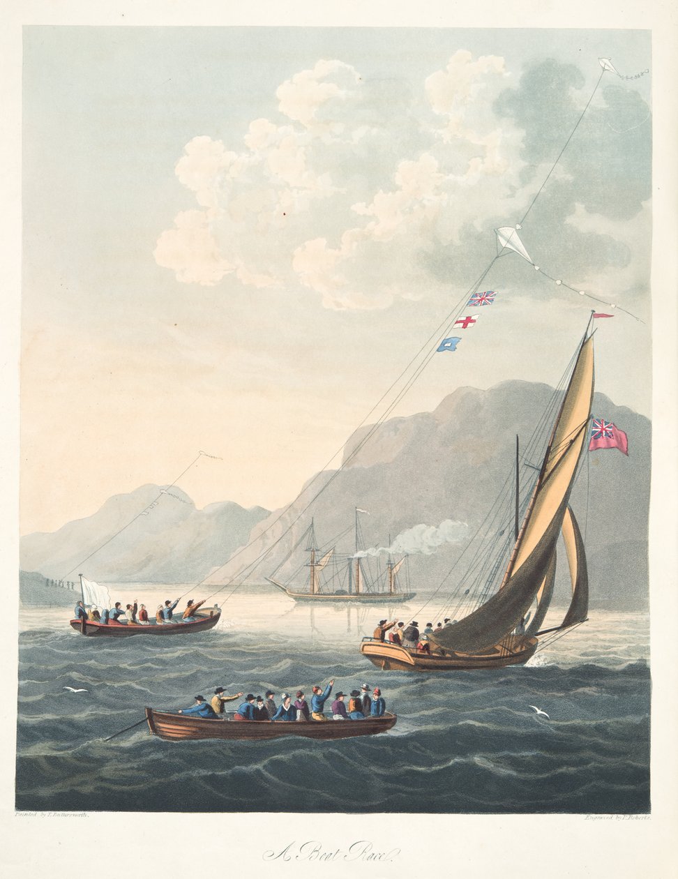 A Boat Race, från "The Aeropleustic Art, or Navigation in the Air, by the Use of Kites, or Buoyant Sails, pub. 1827 (handfärgad akvatint) av Thomas (after) Butterworth