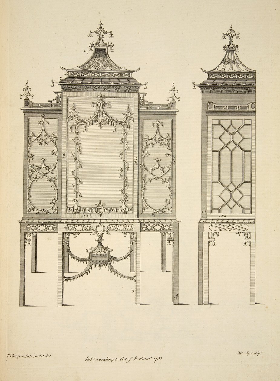 Design för ett Kinafall, pub. 1753 (gravyr) av Thomas (after) Chippendale