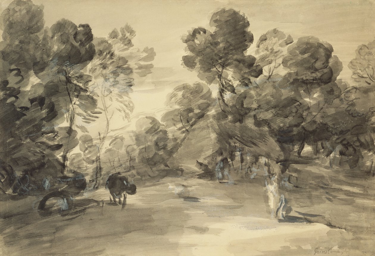 Skogbevuxet landskap med figurer, stuga och ko, ca 1785 (tvätt & krita med gouache på papper) av Thomas (after) Gainsborough