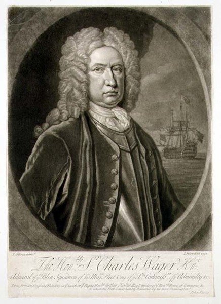 Picha ya Sir Charles Wager (1666-1743) Admiral wa Blue Squadron, iliyochongwa na John Faber (1684-1756) 1732 (engraving)swed. av Thomas (after) Gibson