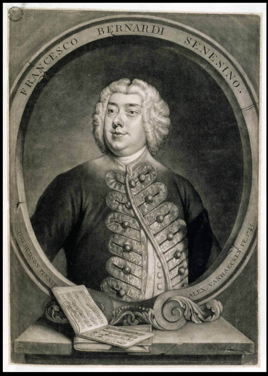 Francesco Bernardi Senesino, graverad av Alexander van Haecken (1701-58) av Thomas (after) Hudson