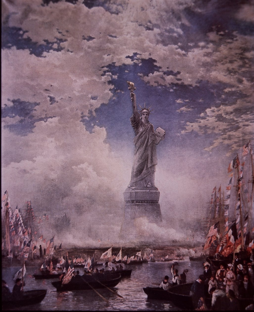 Avtäckning av Frihetsgudinnan i New Yorks hamn, 28 oktober 1886 (färg litho) av Thomas (after) Moran