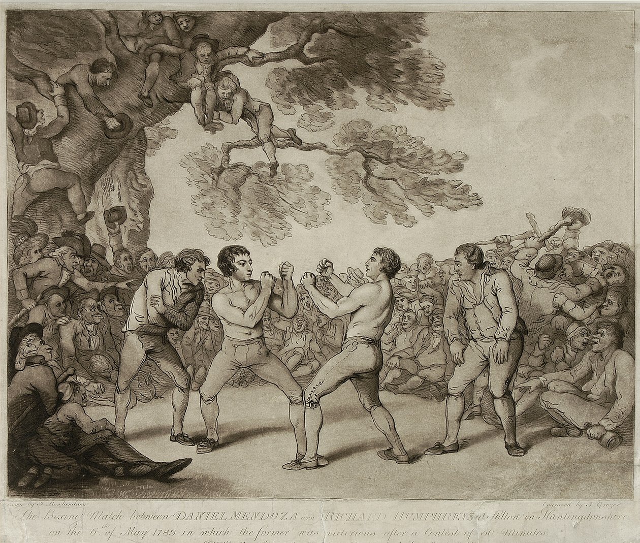 Boxningsmatchen mellan Daniel Mendoza och Richard Humphreys i Stilton, Huntingdonshire, 6 maj 1789, graverad av Joseph Grozer (ca 1755-99) (gravyr) av Thomas (after) Rowlandson