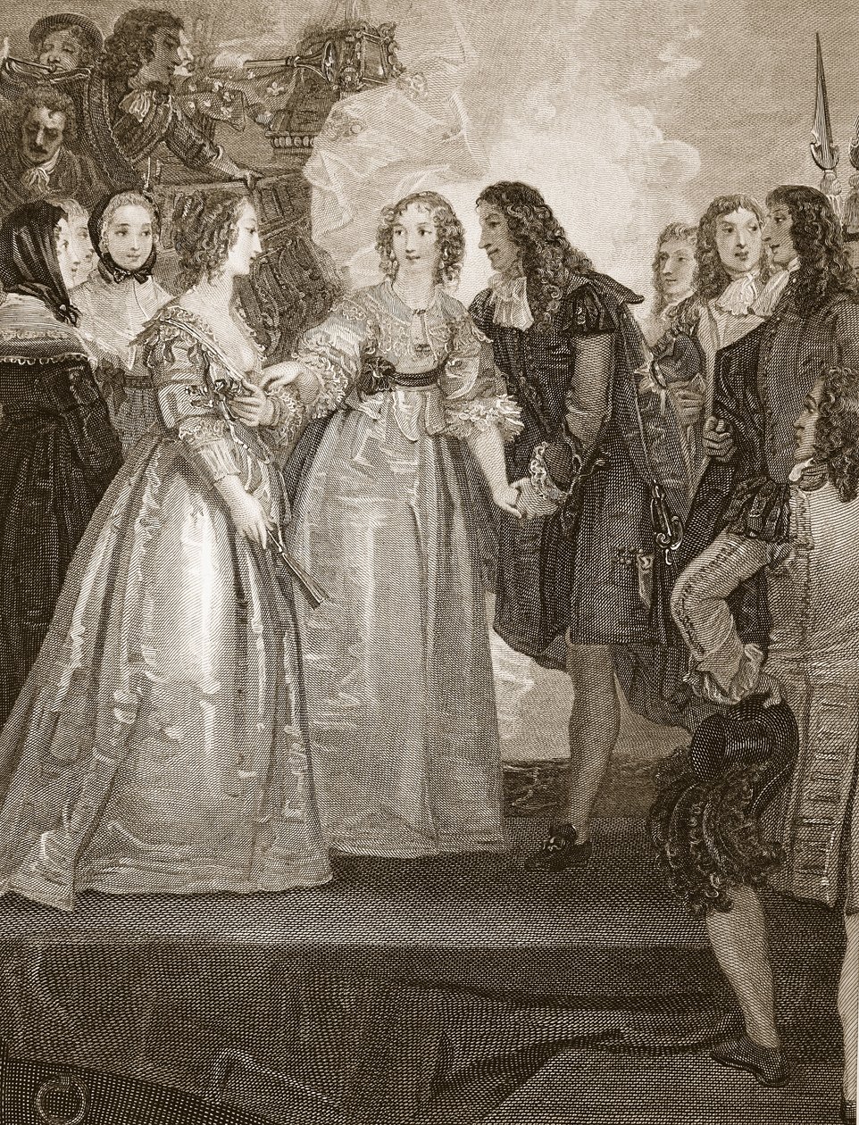 Charles II som tar emot hertiginnan av Orleans i Dover, graverad av W. Bromley, illustration från David Humes "The History of England", pub. av R. Bowyer, London av Thomas (after) Stothard