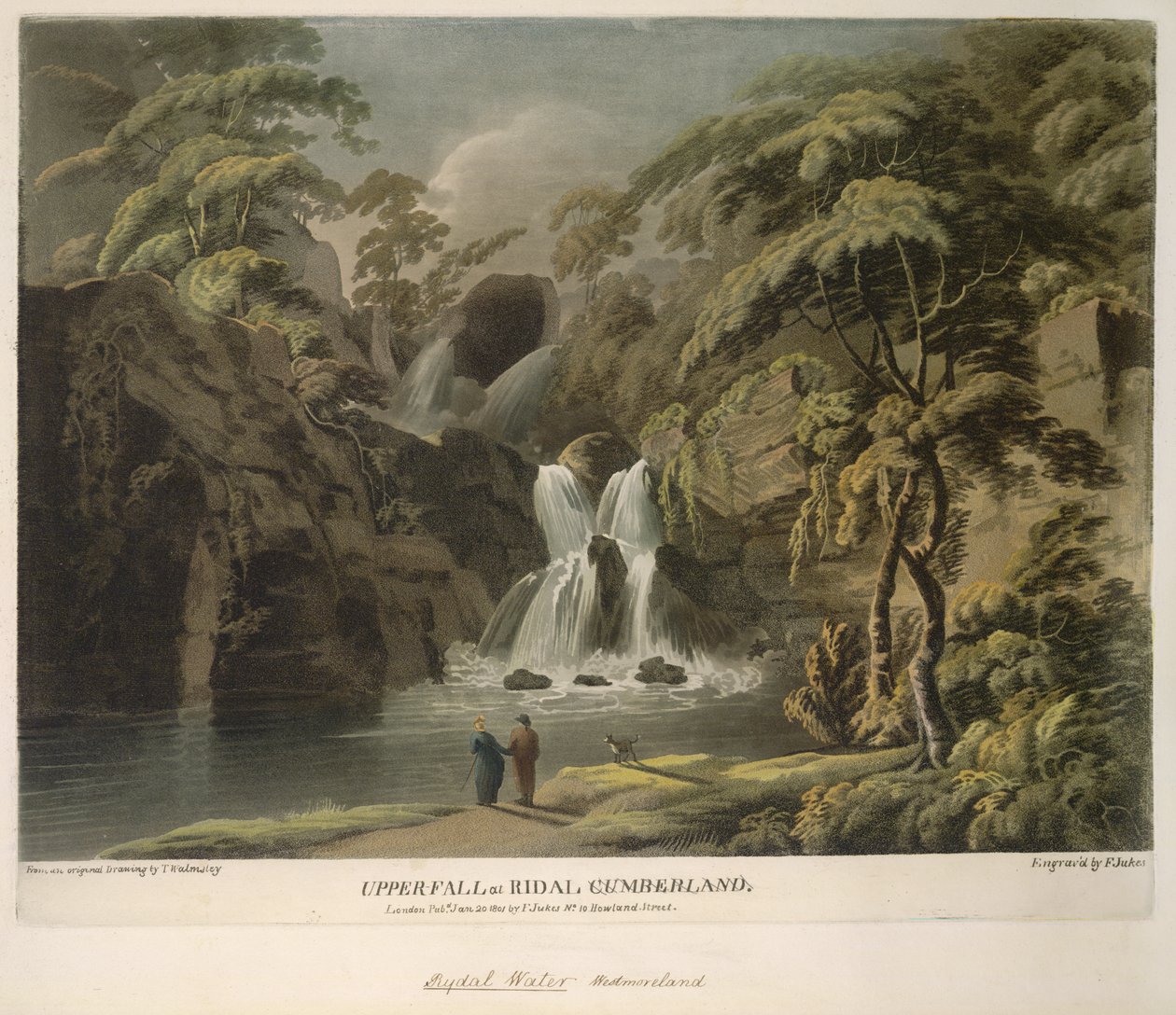 Upper Fall vid Ridal, Cumberland, graverad av F. Jukes av Thomas (after) Walmsley