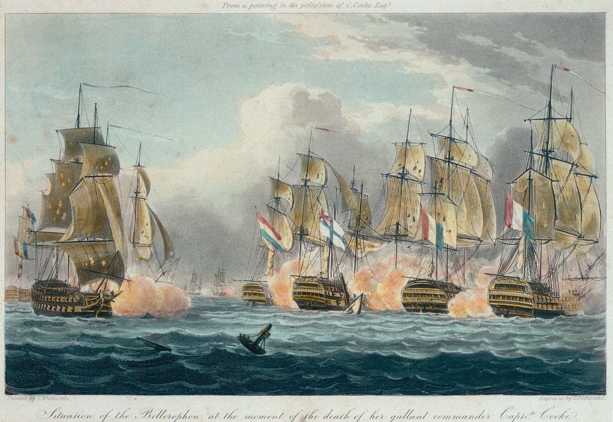 Situationen för HMS "Bellerophon" vid tidpunkten för hennes tappre befälhavare kapten Cookes död av Thomas (after) Whitcombe