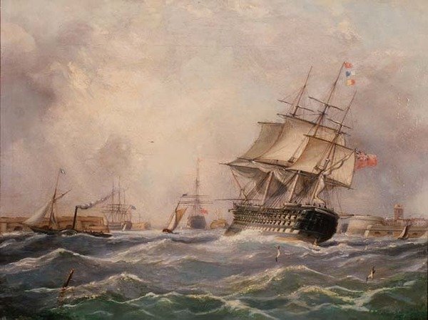 Brittiskt krigsskepp utanför Portsmouth av Thomas (attr. to) Buttersworth