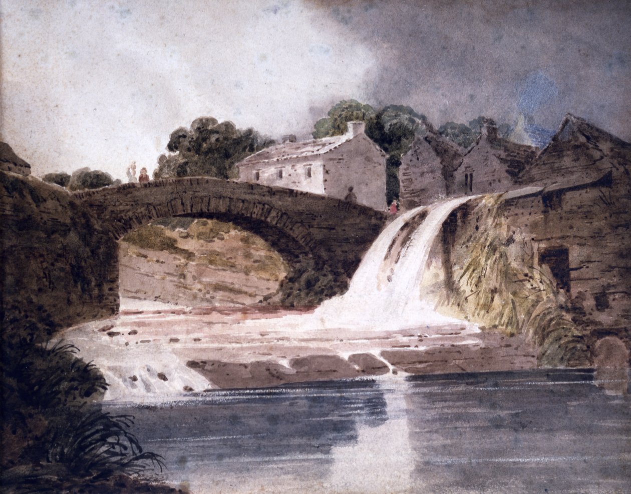 Bro och vattenfall, ca 1800-30 (akvarell) av Thomas (attr. to) Girtin